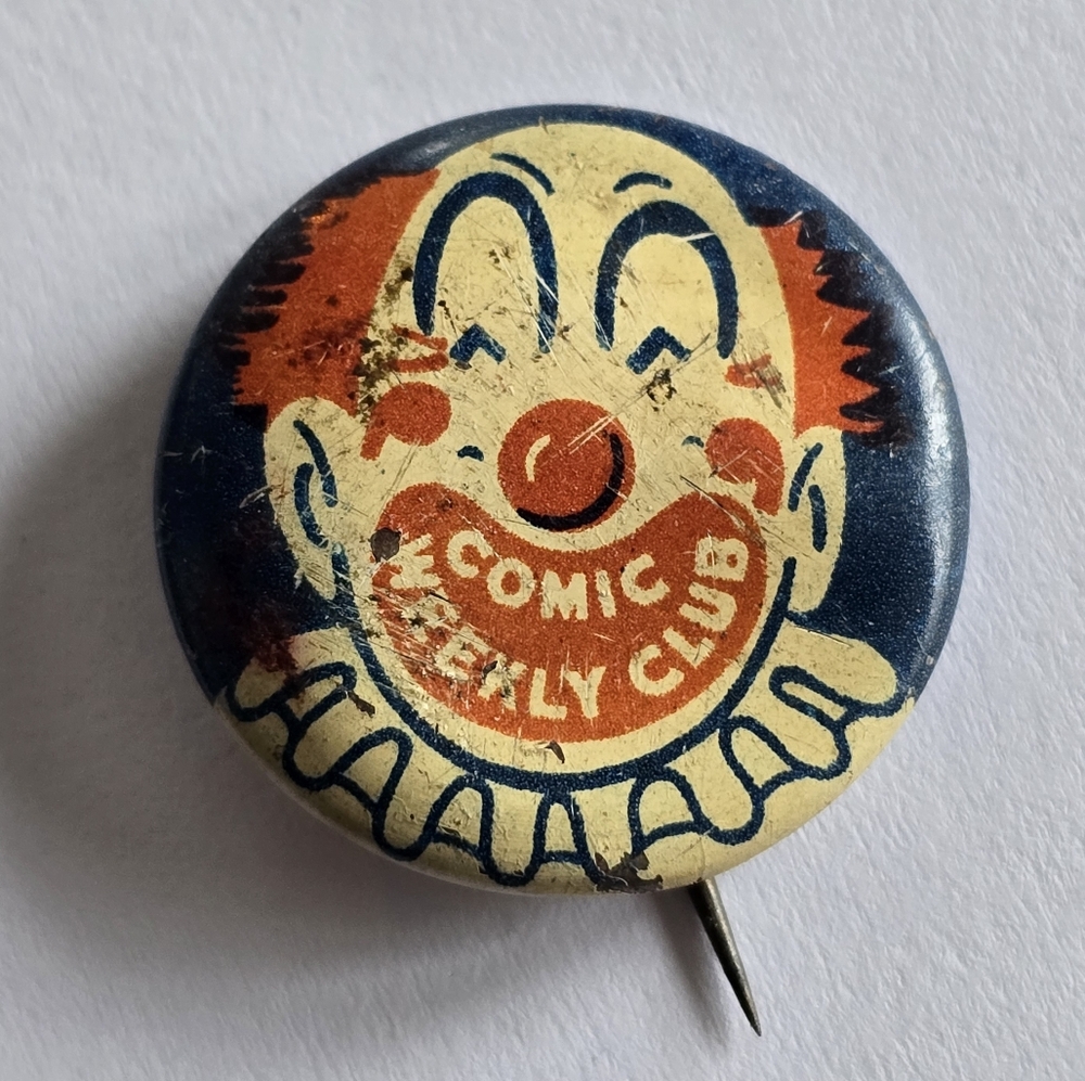 Vintage clown pin Comic Weekly Club badge button brooch